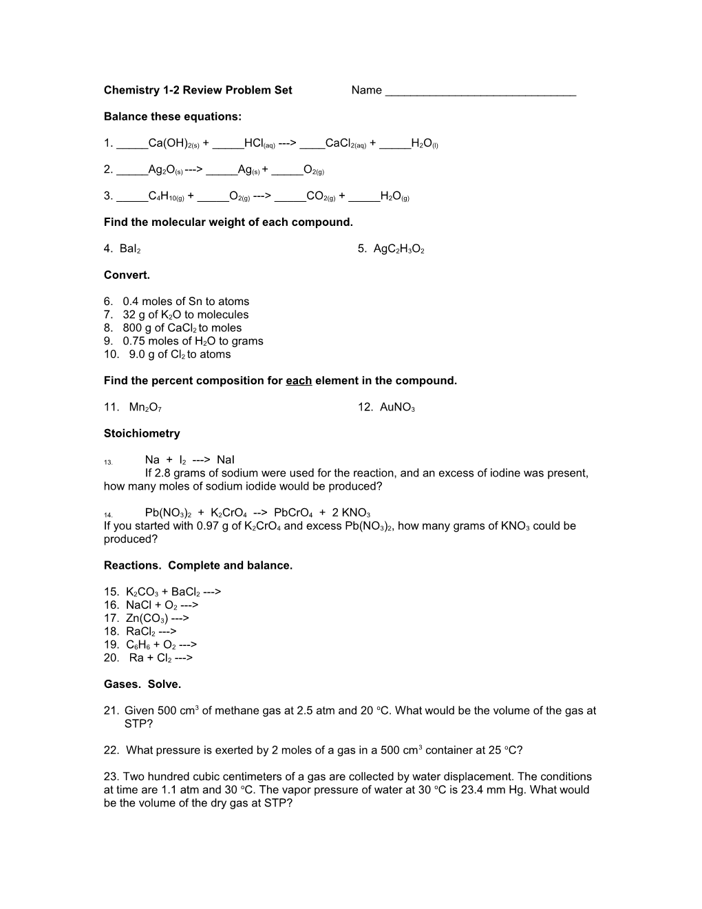 Chemistry 1-2 Review Problem Set