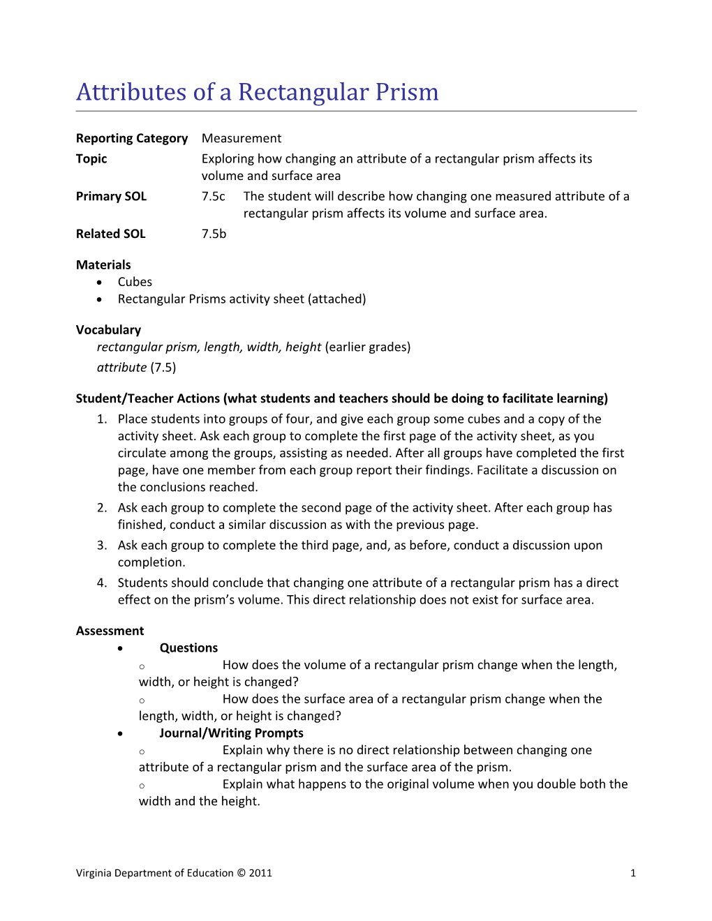 Attributes of a Rectangular Prism