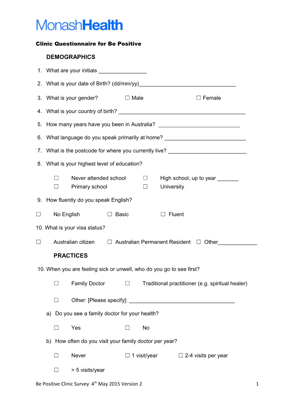 Clinic Questionnaire for Be Positive