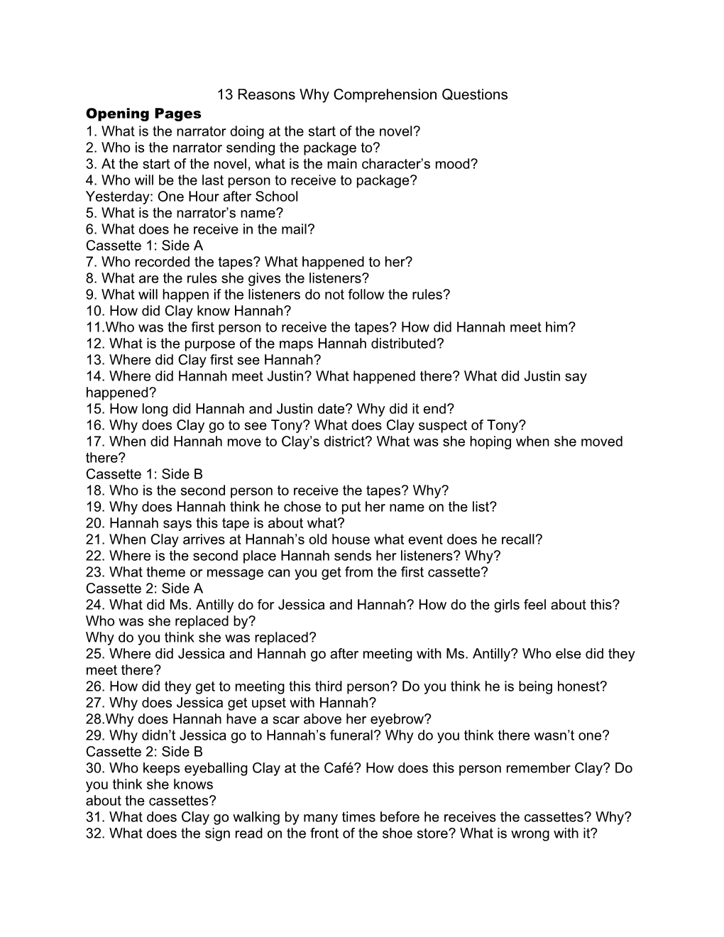 13 Reasons Why Comprehension Questions