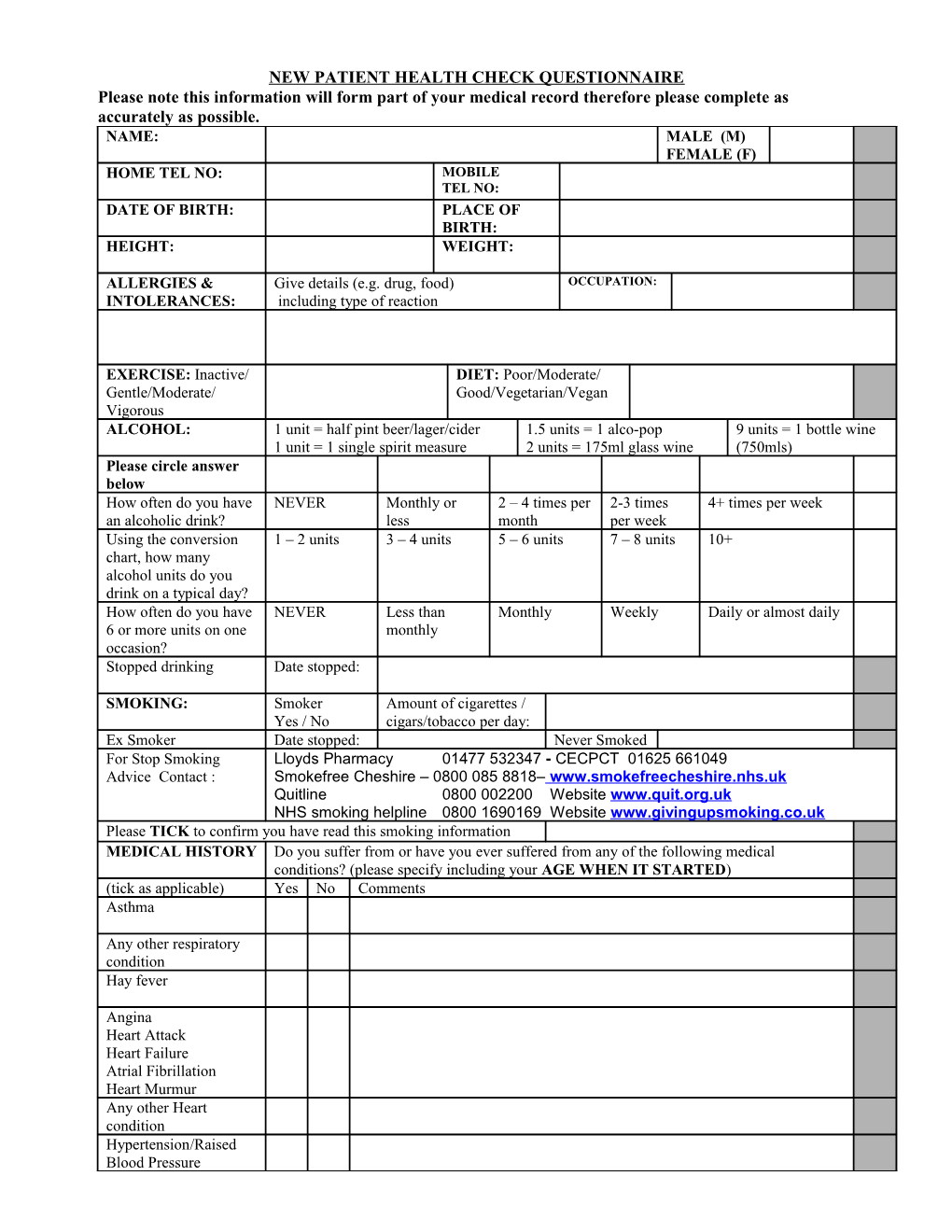 Health Check Questionaire