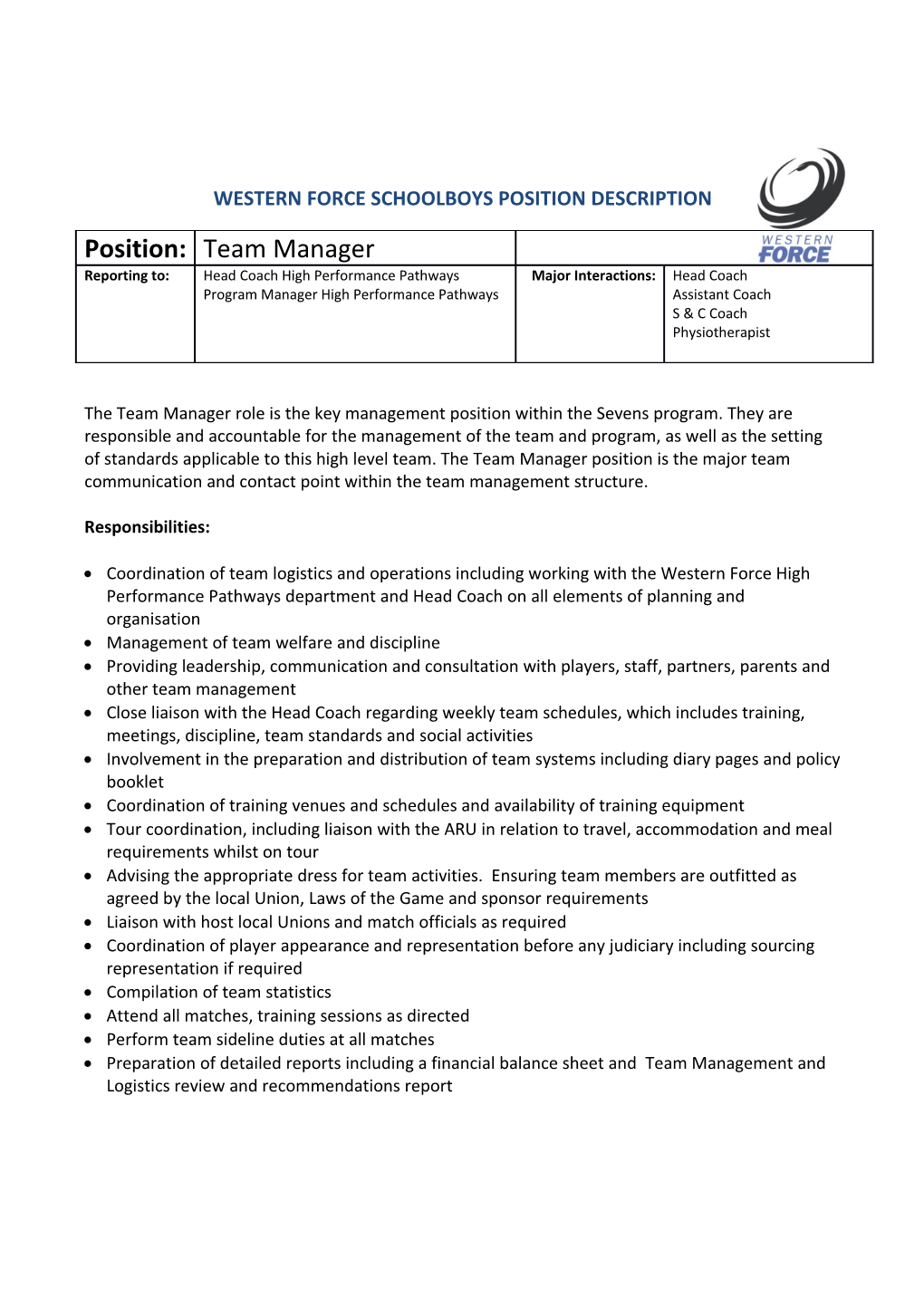 Western Force Schoolboys Position Description