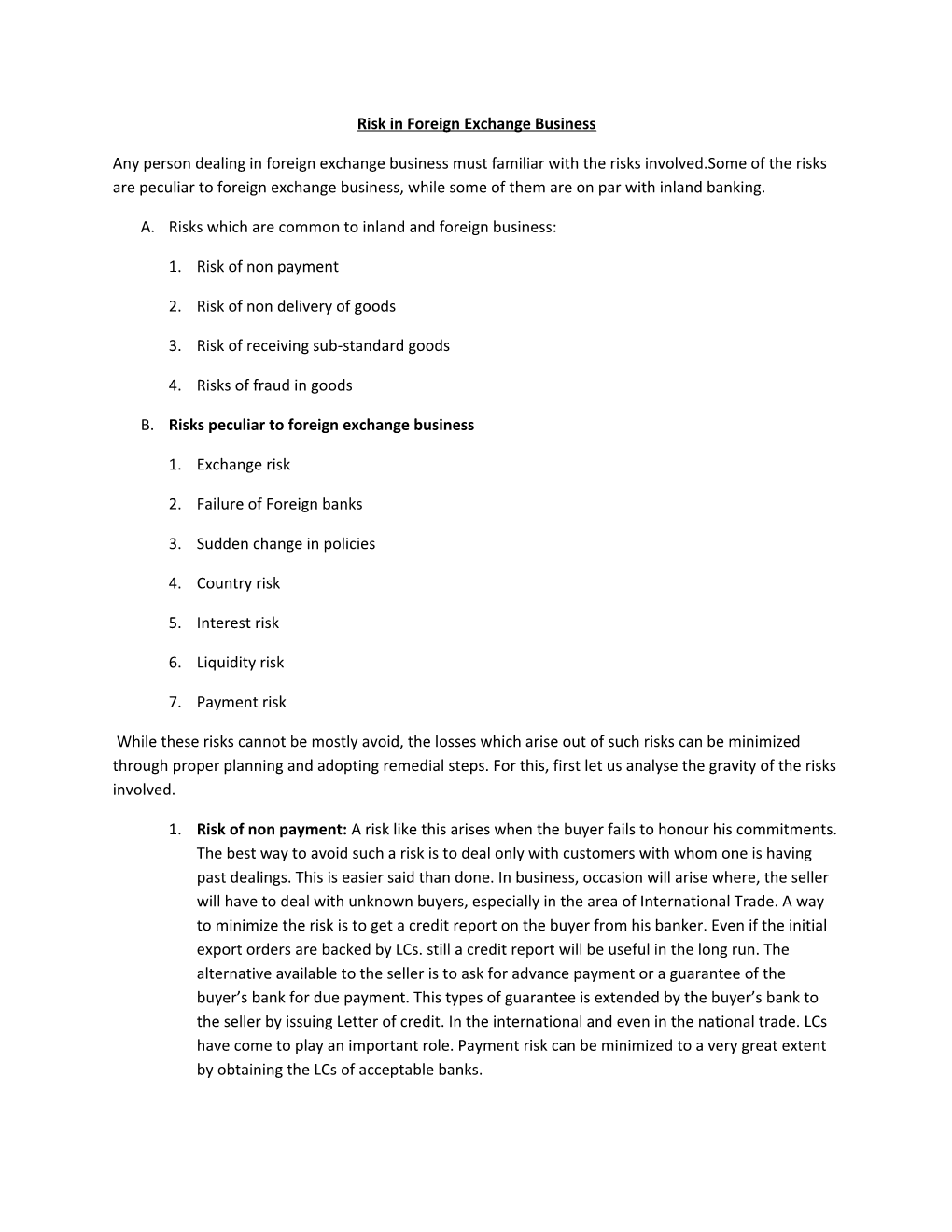 Risk in Foreign Exchange Business