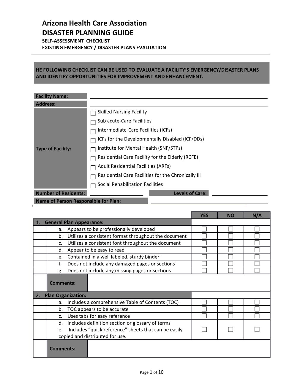 The Following Checklist Can Be Used to Evaluate a Facility S Emergency/Disaster Plans And