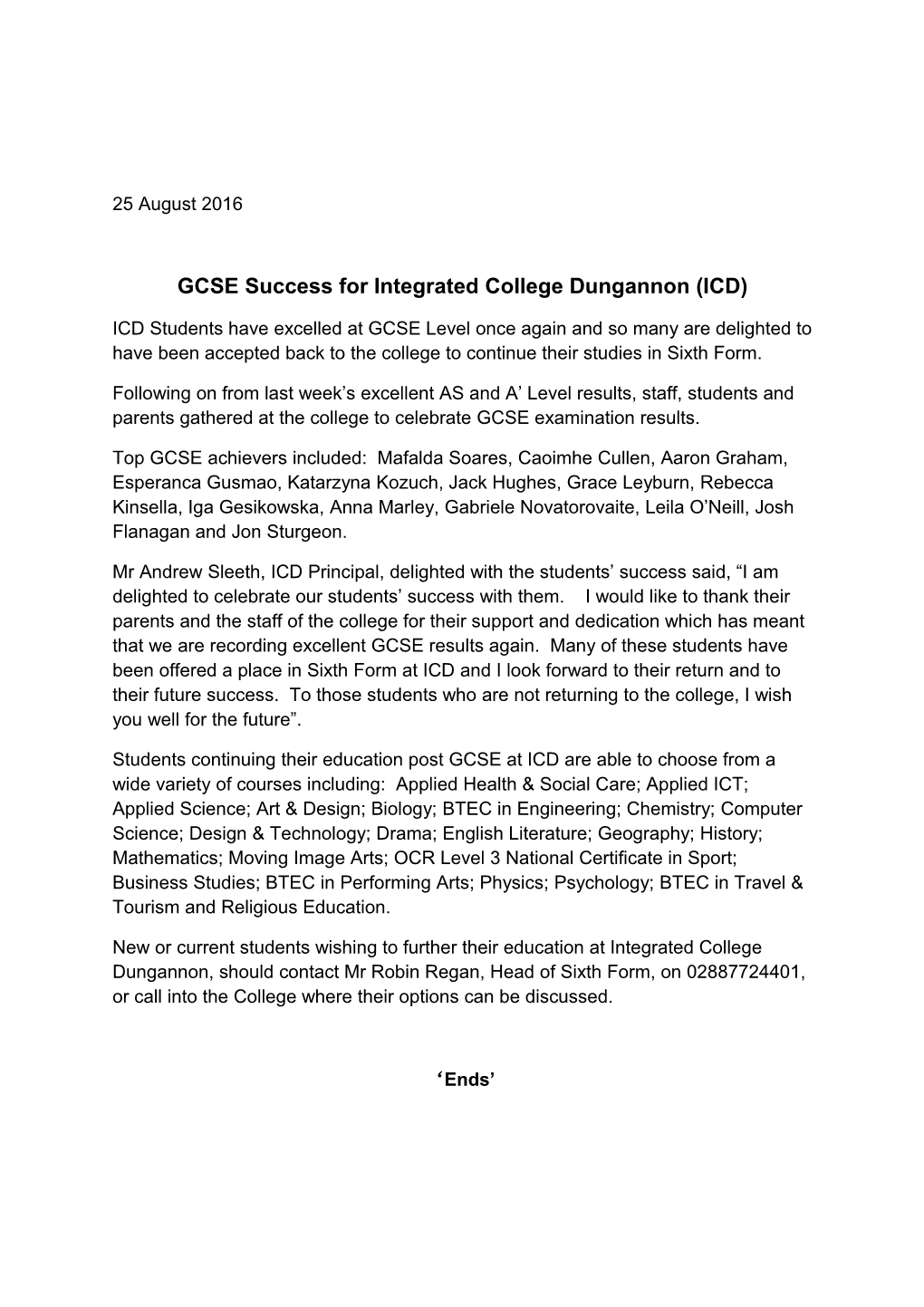 GCSE Success for Integrated College Dungannon (ICD)