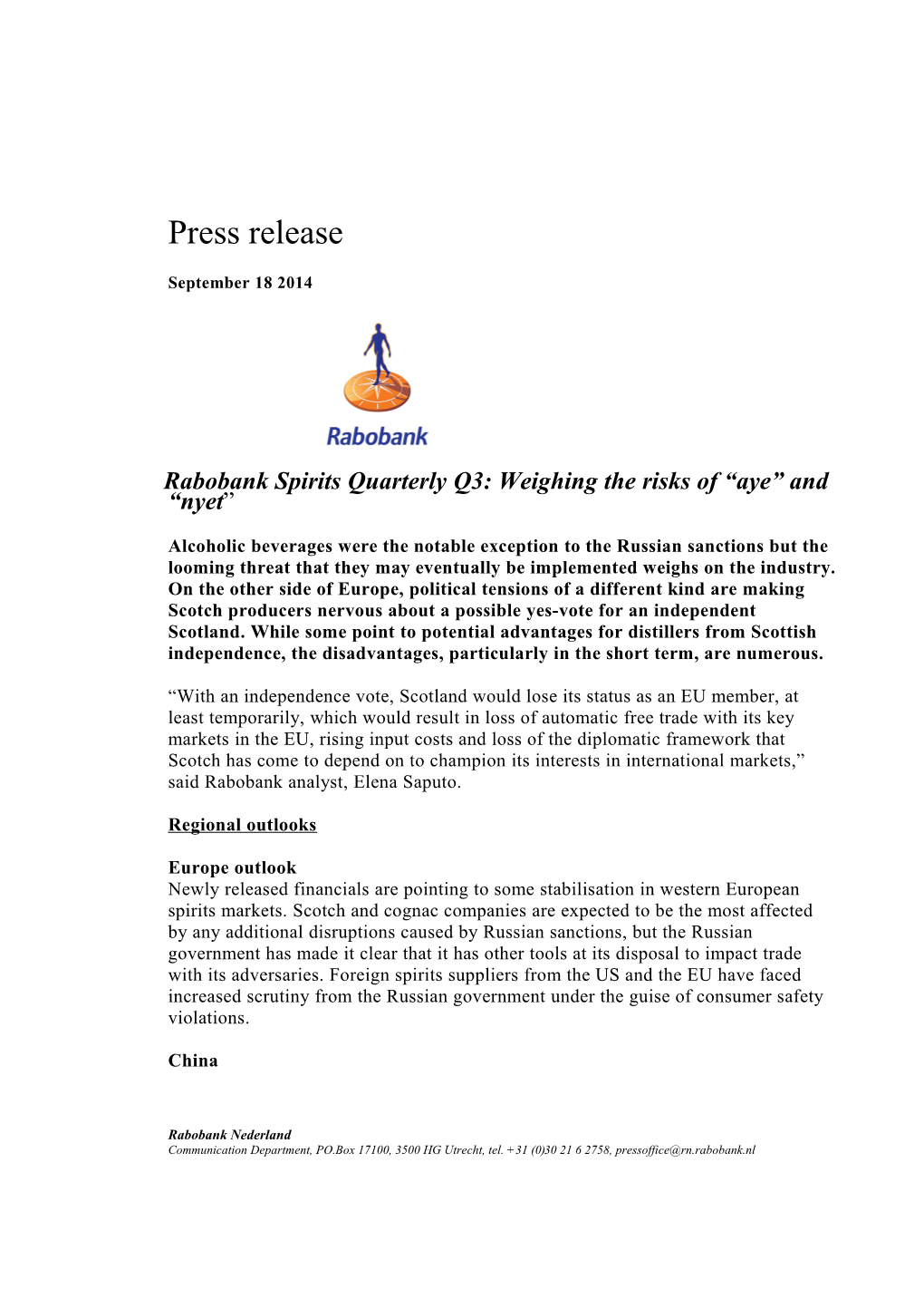 Rabobank Spirits Quarterly Q3: Weighing the Risks of Aye and Nyet