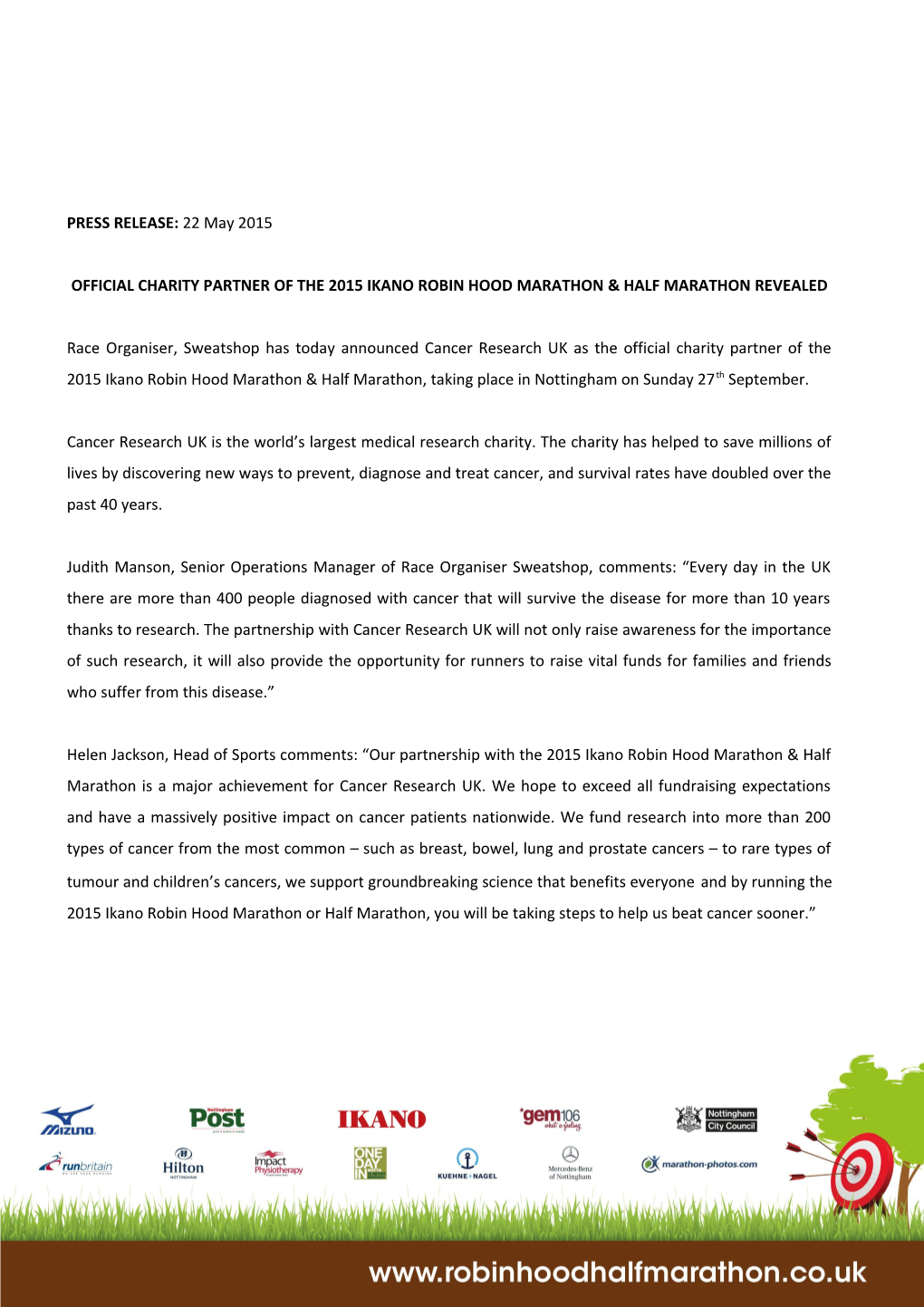 Official Charity Partnerof the 2015 Ikano Robin Hood Marathon & Half Marathon Revealed