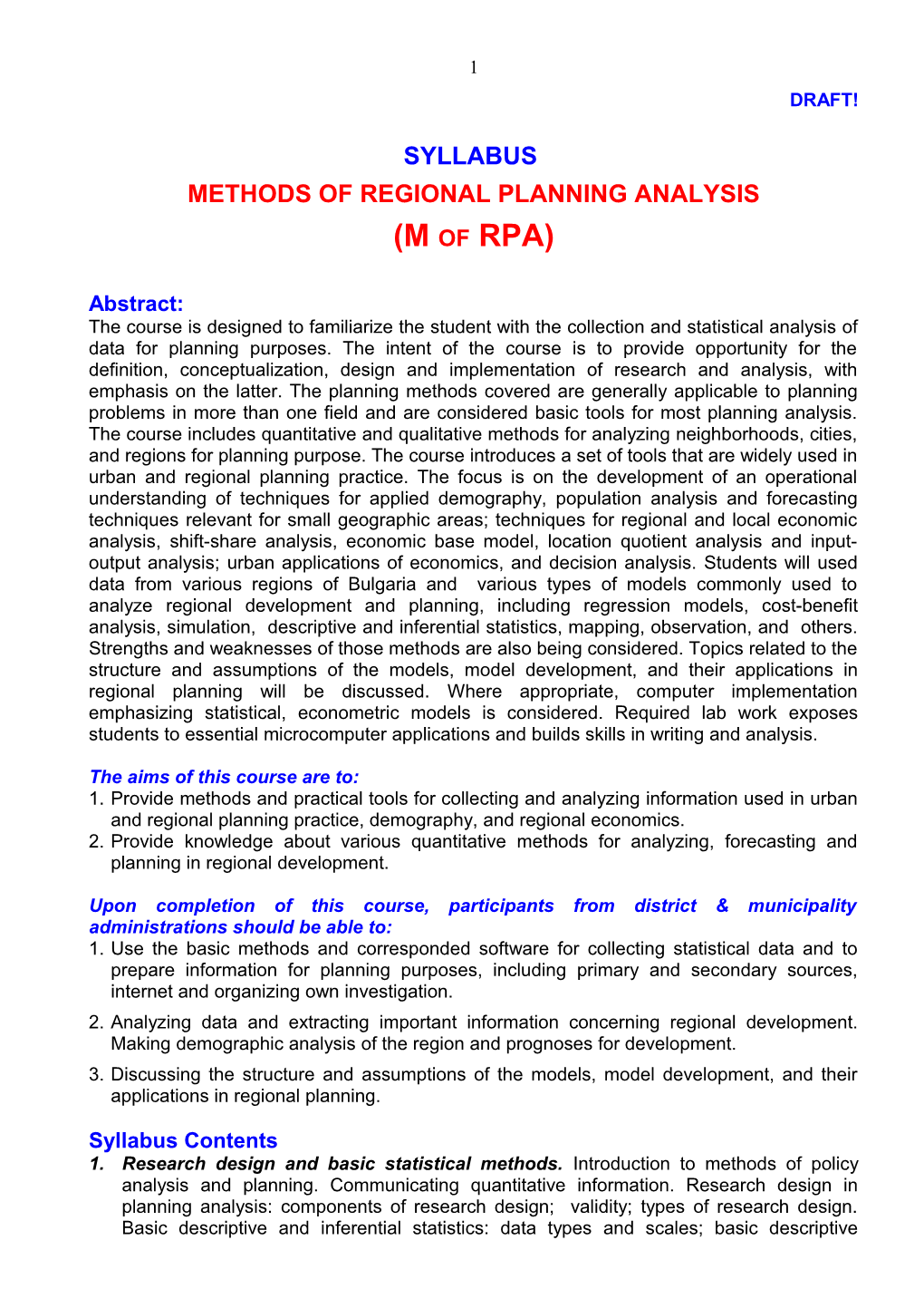 Syllabus of Geographic Information Systems