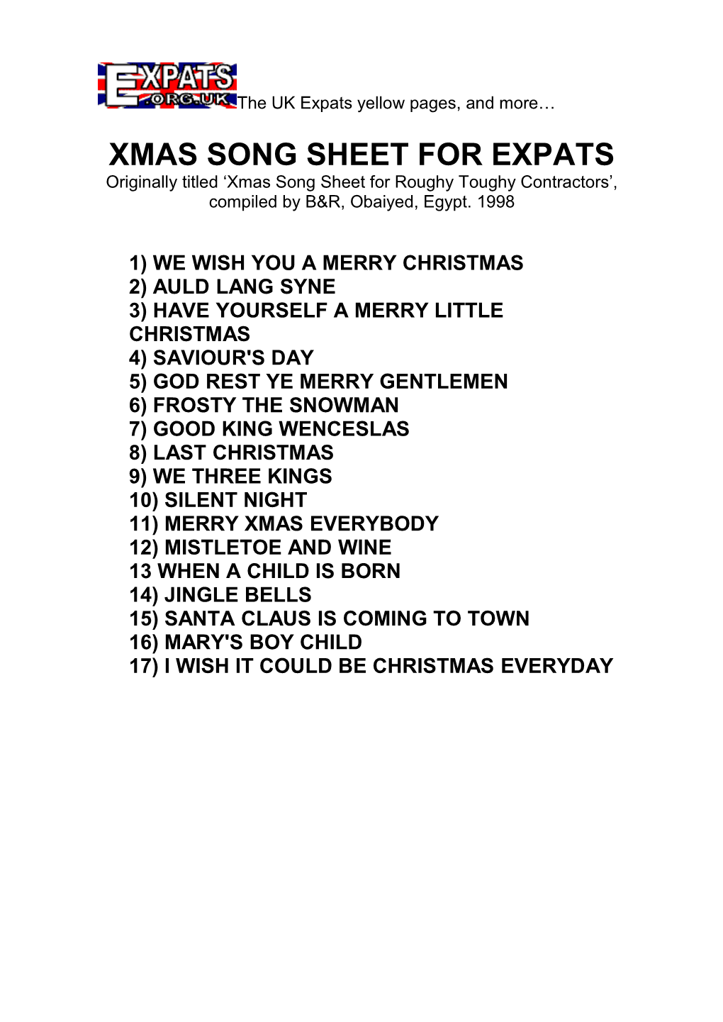 Xmas Song Sheet for Expats