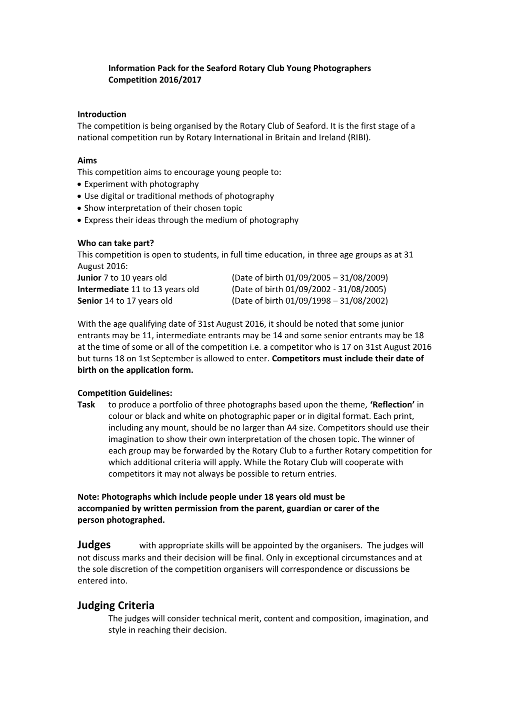 Information Pack for the Seaford Rotary Club Young Photographers Competition 2014/2015