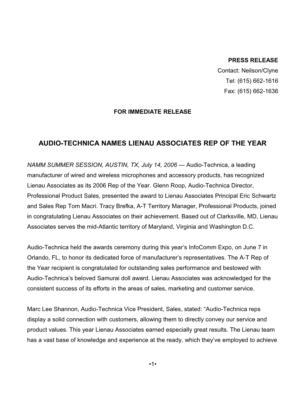 Audio-Technica Names Lienau Associates Rep of the Year