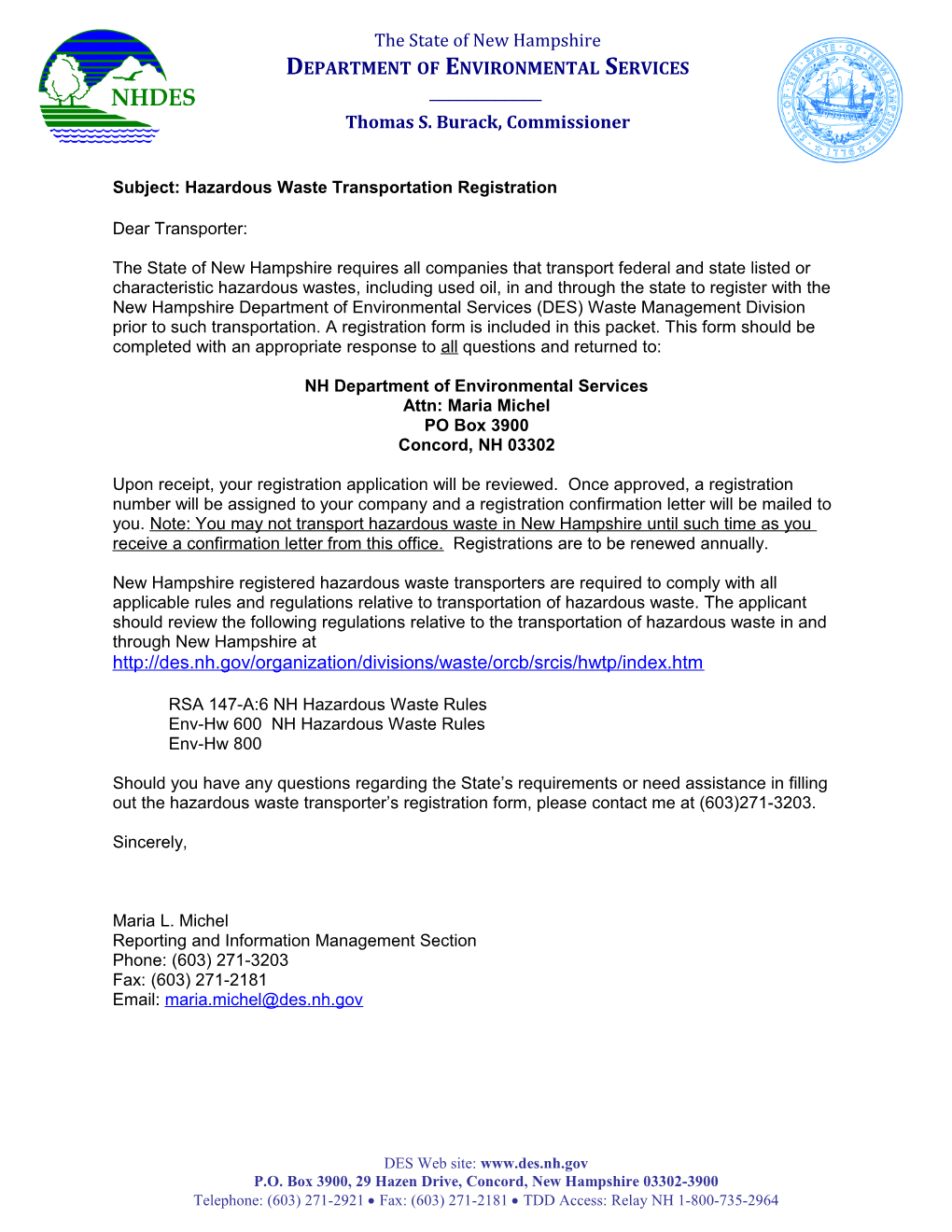 Subject: Hazardous Waste Transportation Registration