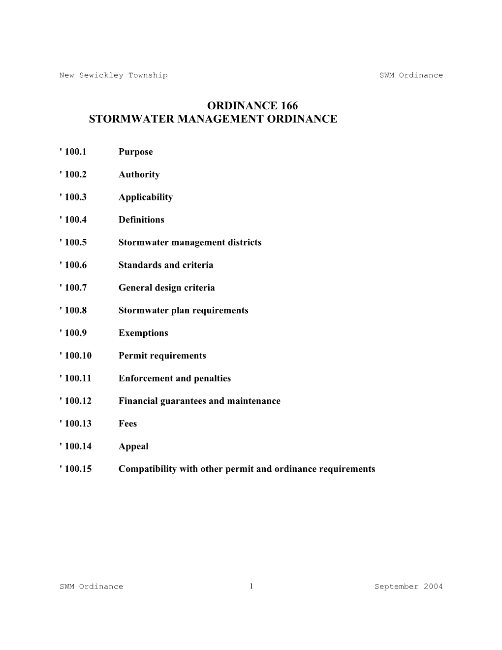 New Sewickley Township SWM Ordinance