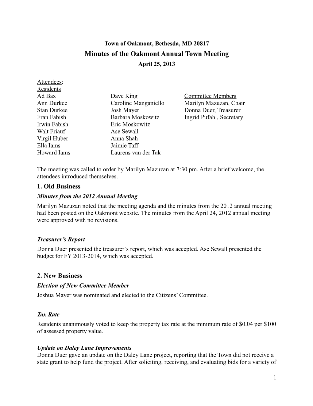 Minutes of the Oakmont Annual Town Meeting
