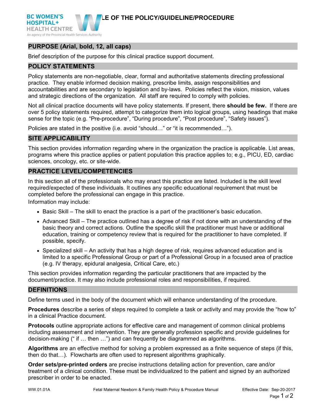 BC Women's Hospital Policy Template