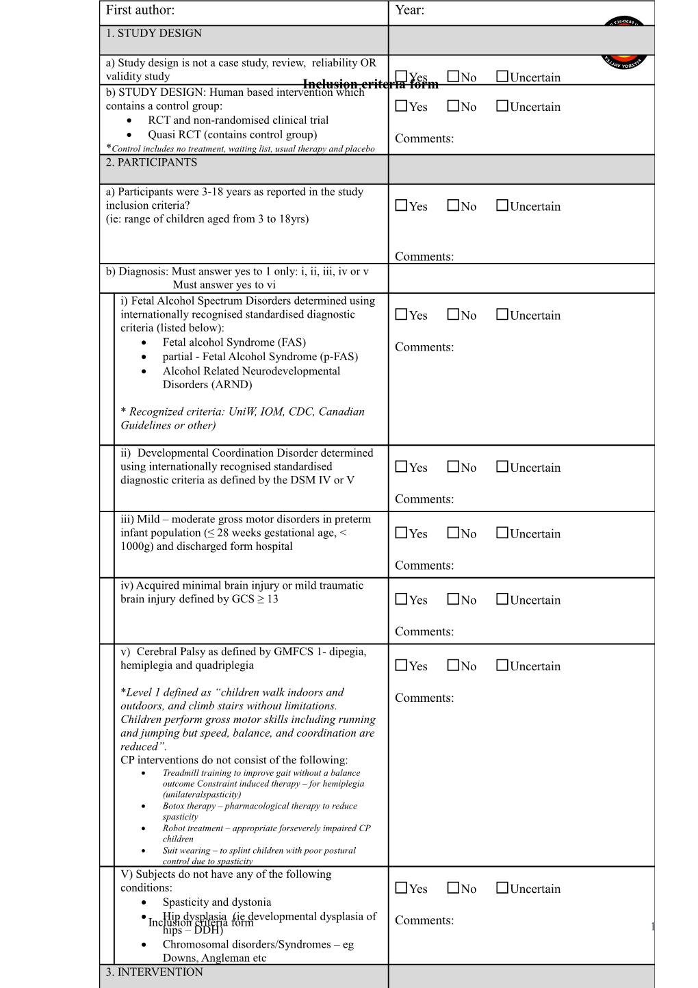 Inclusion Criteria Form