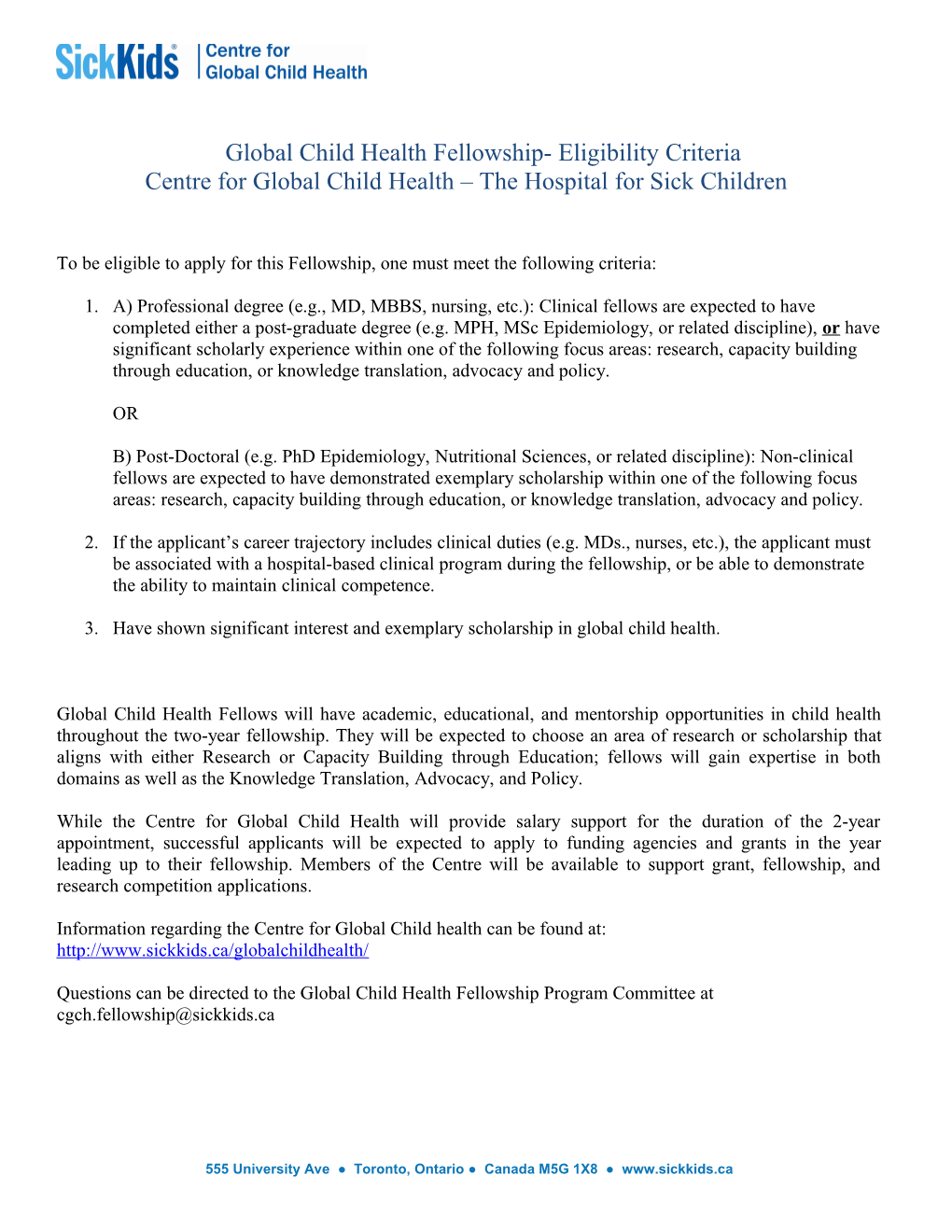 Global Child Health Fellowship- Eligibility Criteria