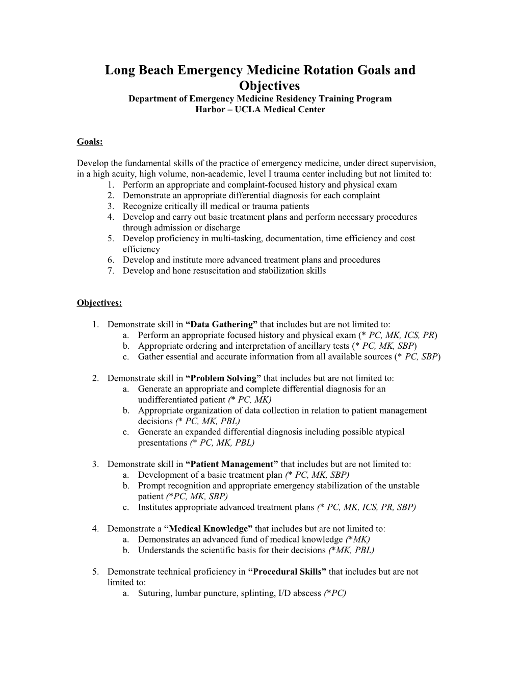 Long Beachemergency Medicine Rotation Goals and Objectives