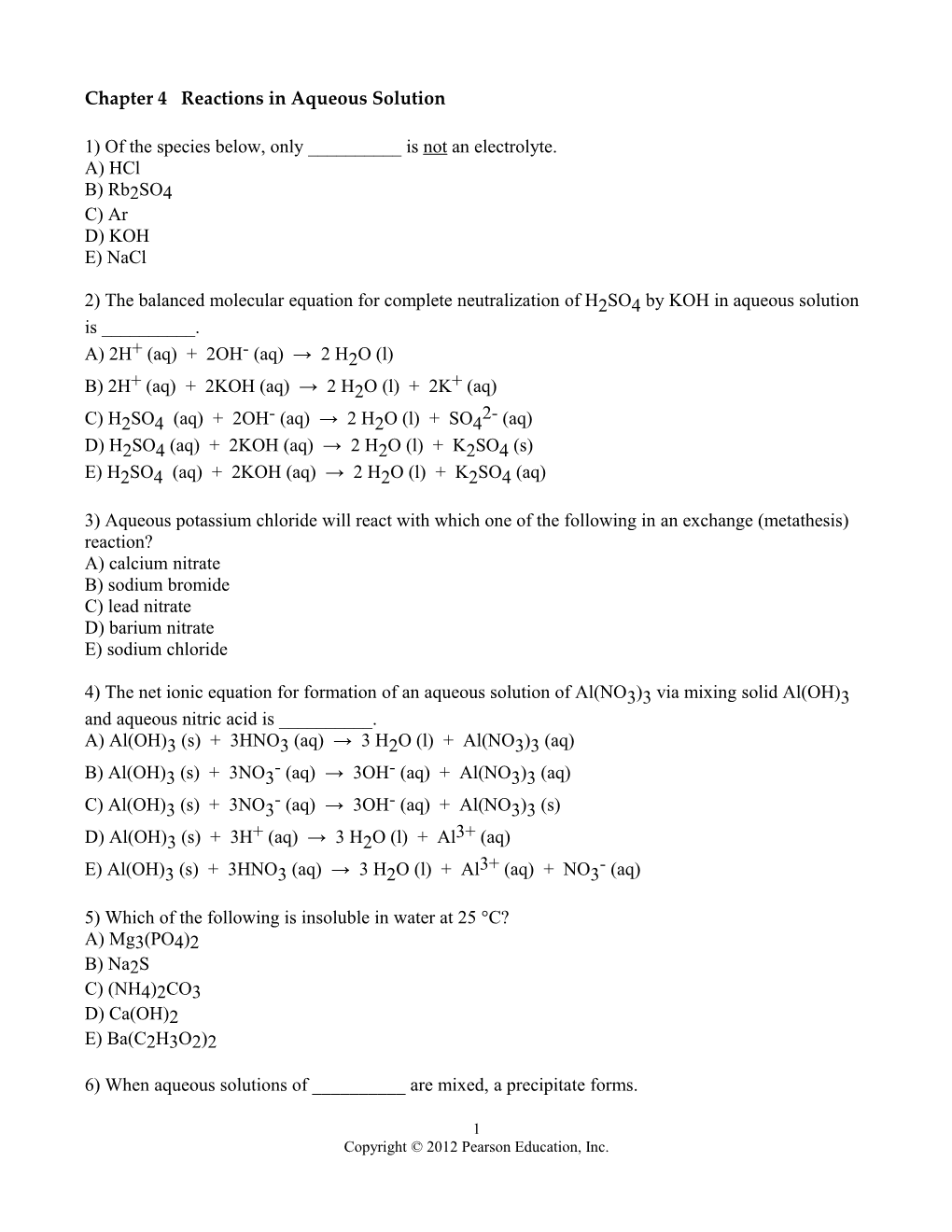 Chapter 4 Reactions in Aqueous Solution