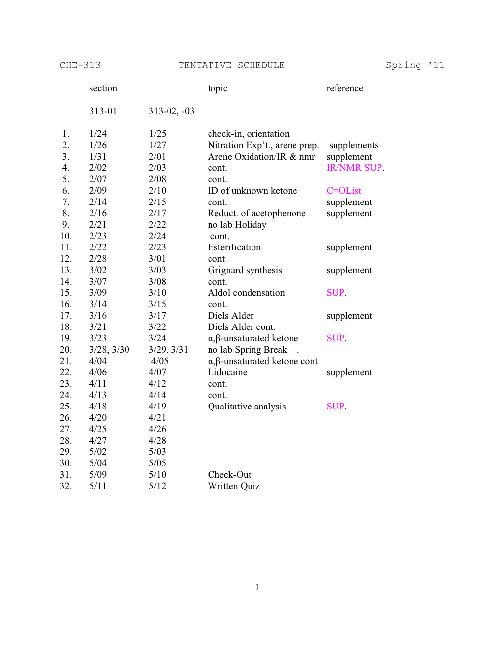 CHE-313 TENTATIVE SCHEDULE Spring '11