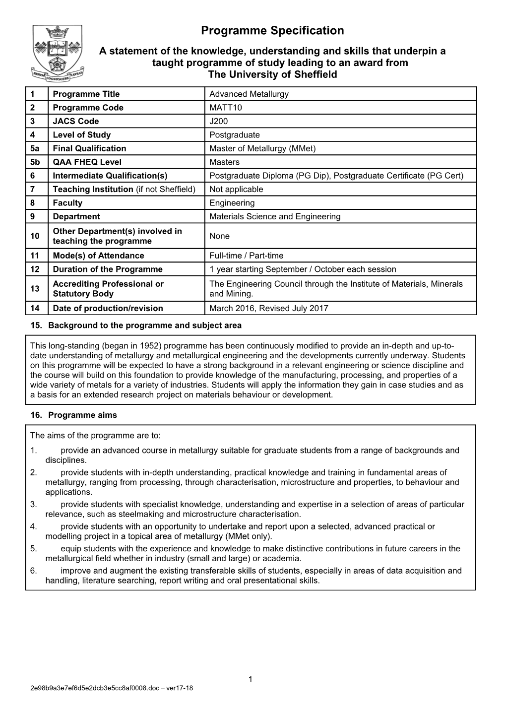 15. Background to the Programme and Subject Area s6