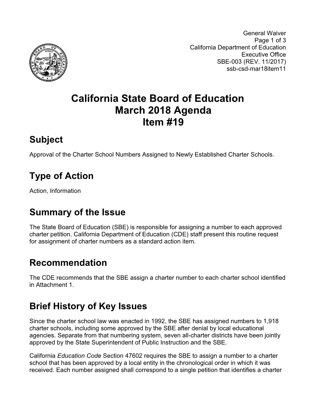 March 2018 Agenda Item 19 - Meeting Agendas (CA State Board of Education)