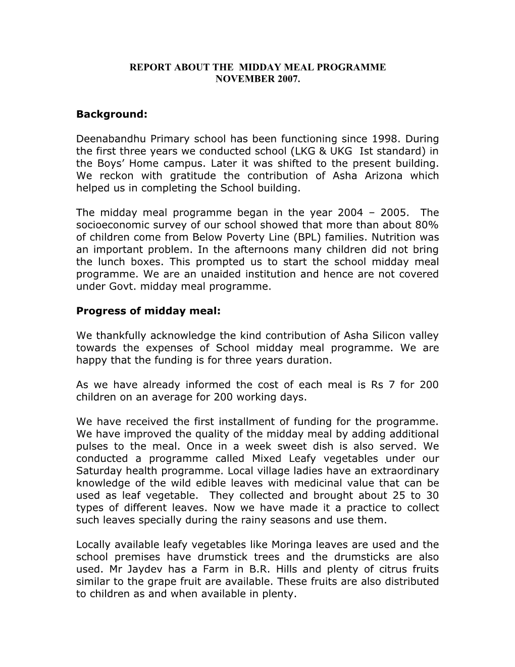 Report About the Midday Meal Programme