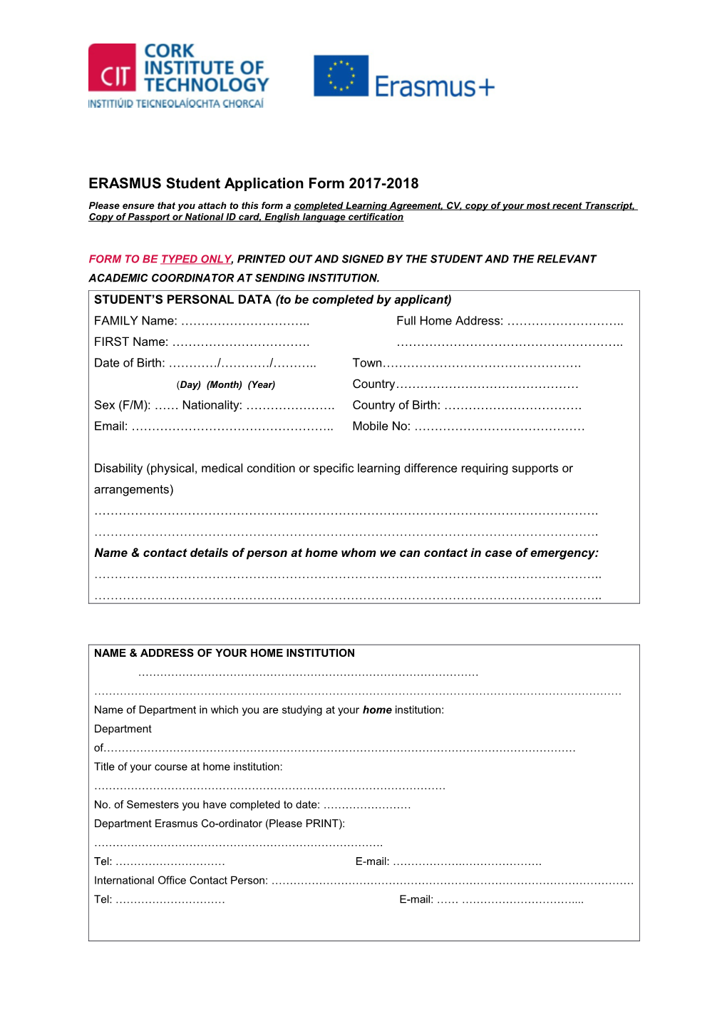 ERASMUS Student Application Form 2017-2018