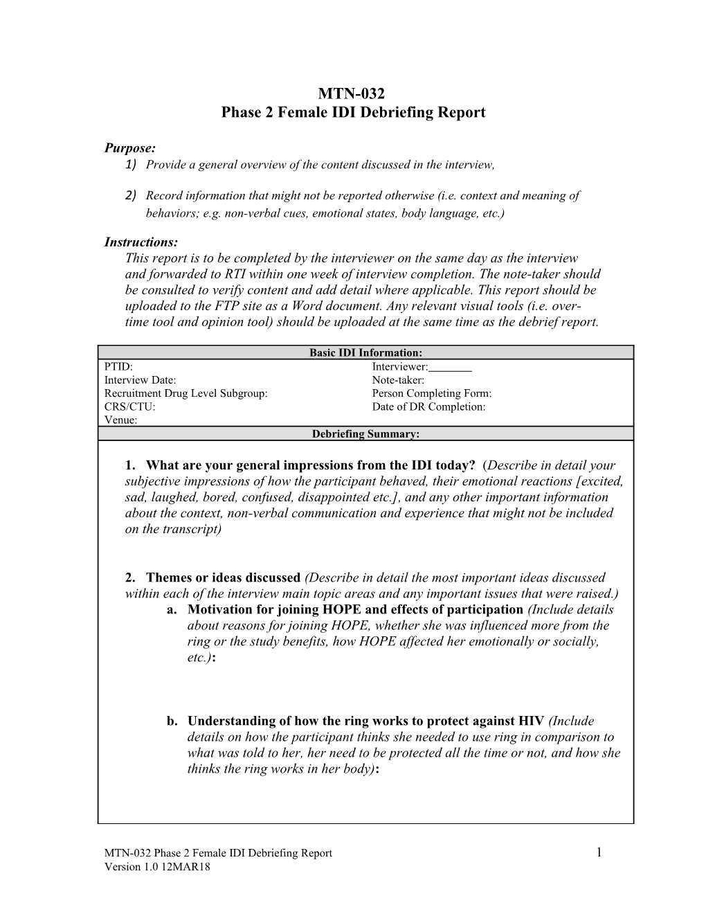 Phase 2 Female IDI Debriefing Report