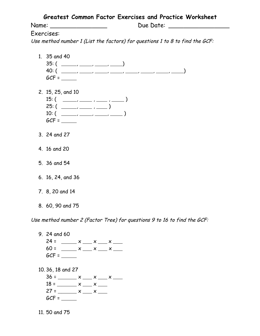 Greatest Common Factor Exercises and Practice Worksheet