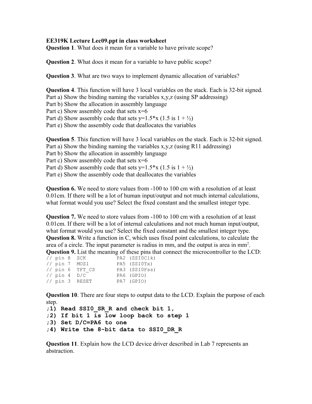 EE319K Lecture Lec09.Ppt in Class Worksheet