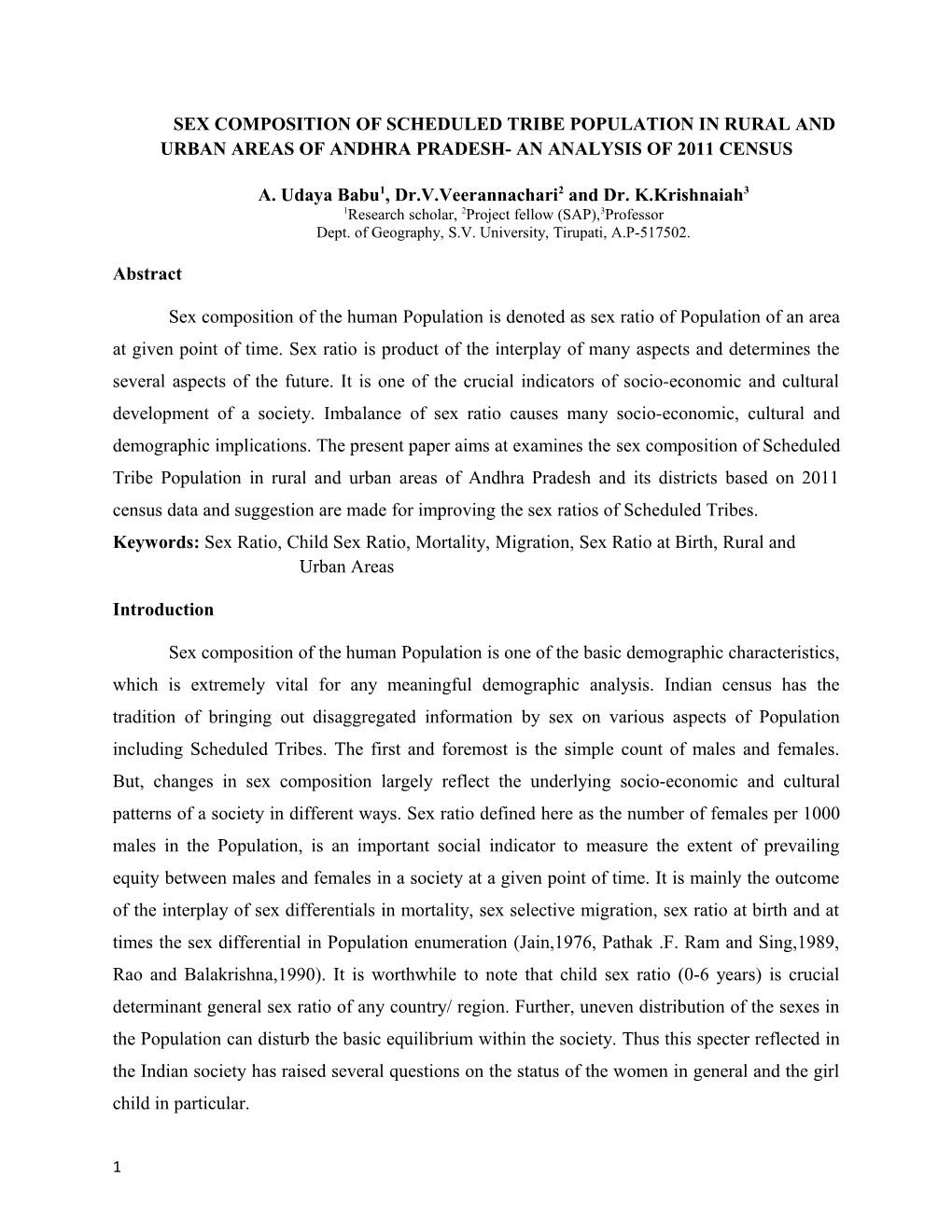 Sex Composition of Scheduled Tribe Population in Rural and Urban Areas of Andhra Pradesh