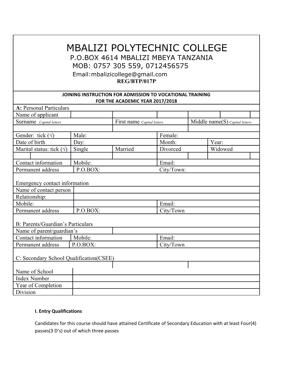 II.Tuition Fees and Other Financial Requirements