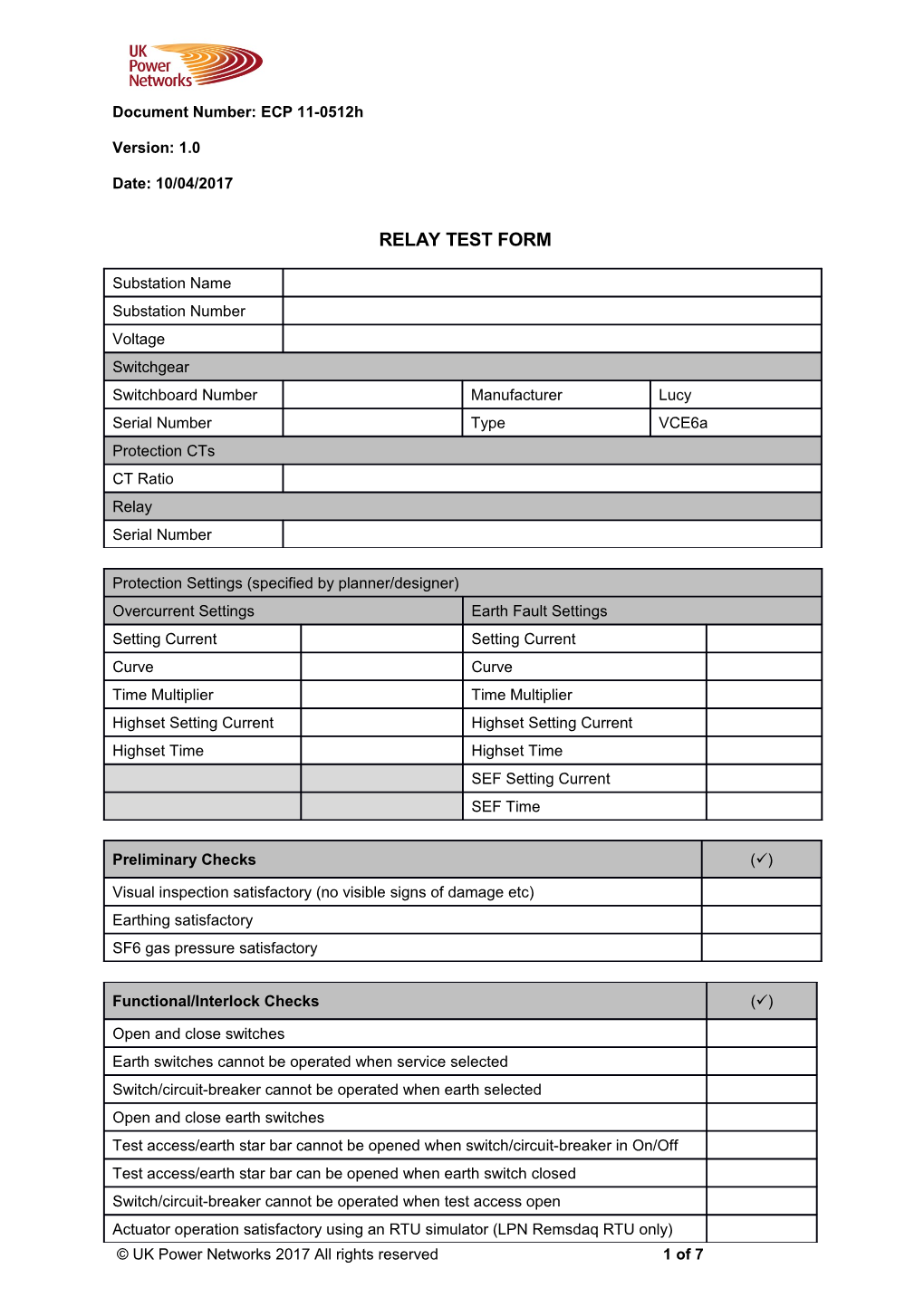 ECP 11-0512E Schneider CE6 with Sepam 1000+ Relay Test Form