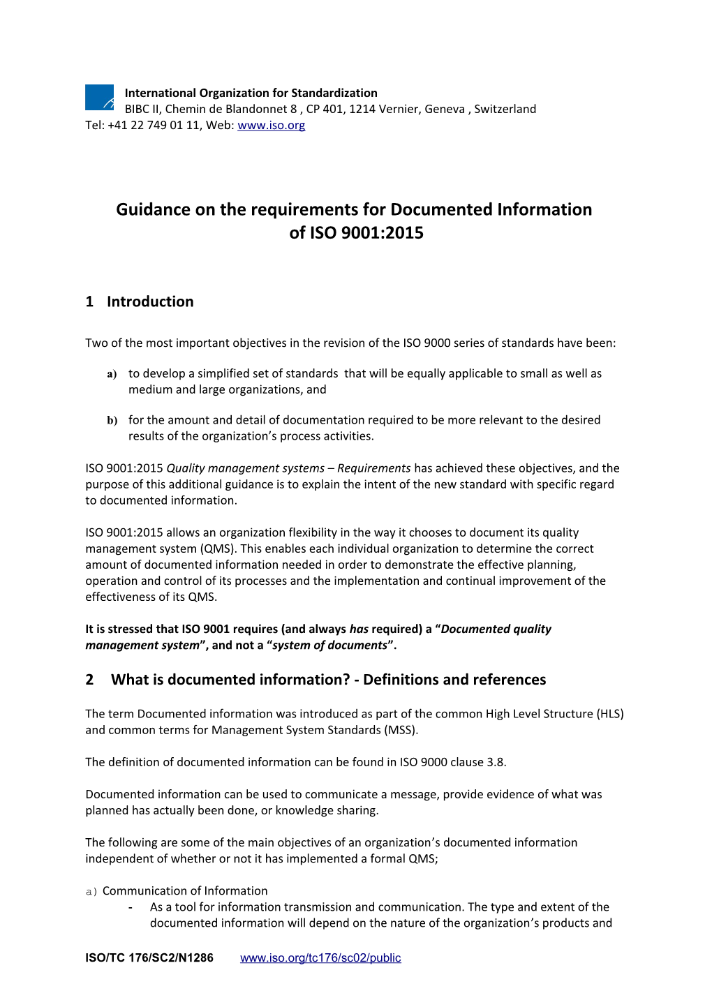 Guidance on the Requirements for Documented Information of ISO 9001:2015