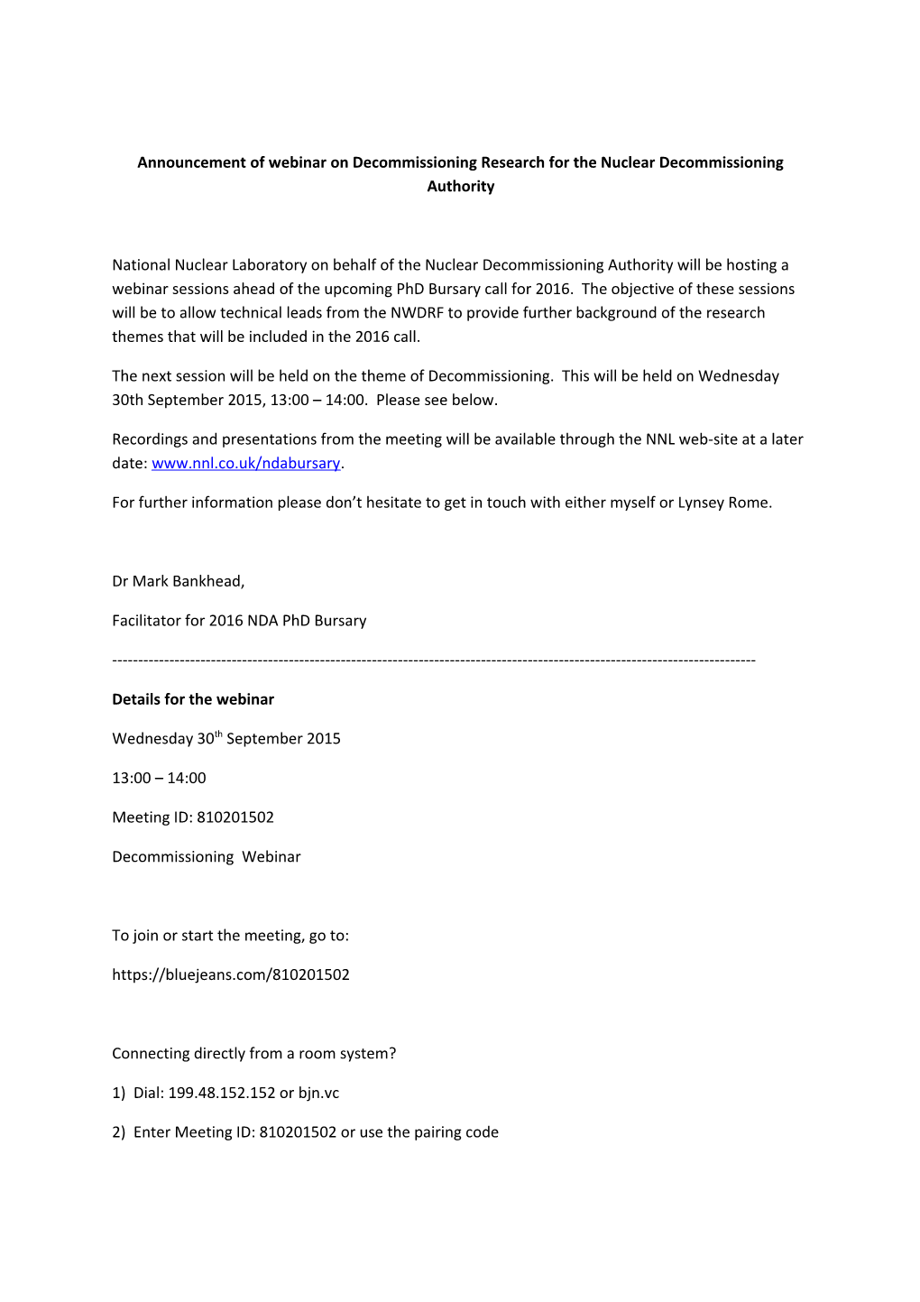 Announcement of Webinar on Decommissioning Research for the Nuclear Decommissioning Authority