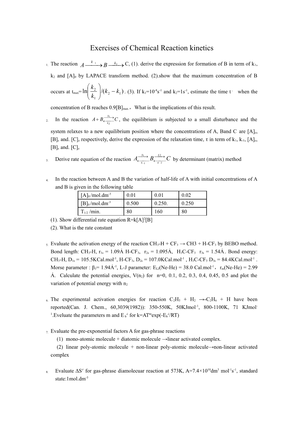 Exercises of Cheemical Reaction Kintics