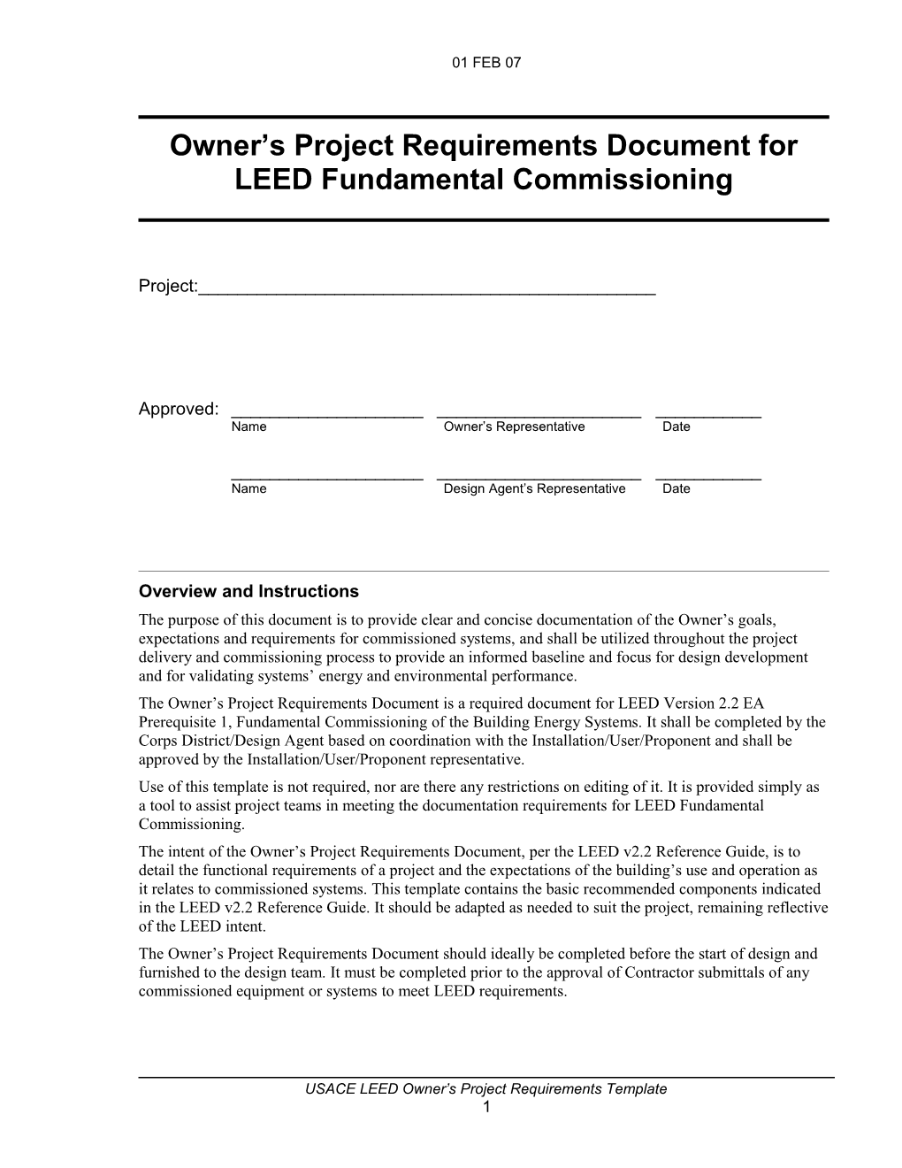 Owner S Project Requirements Document for LEED Fundamental Commissioning