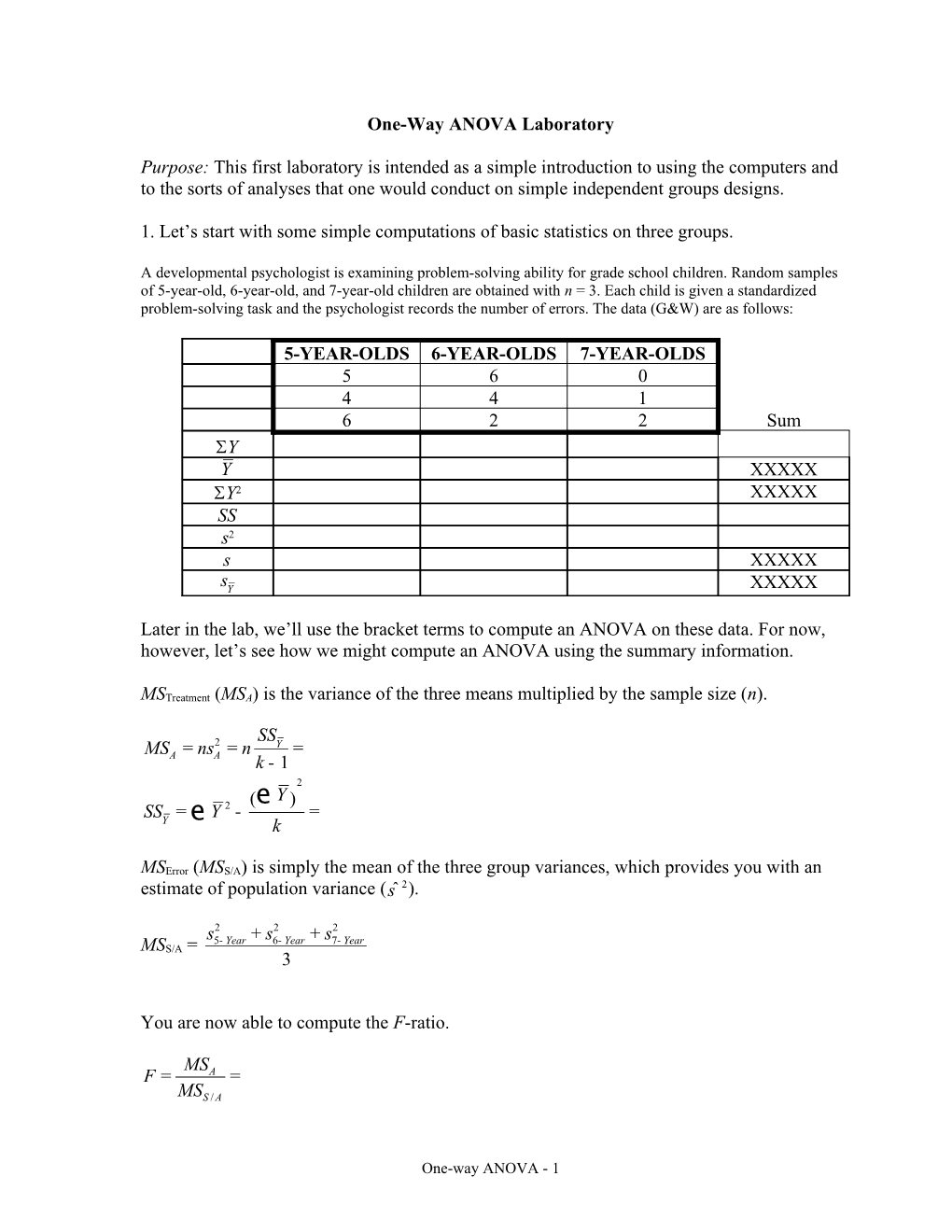 One-Way ANOVA Laboratory