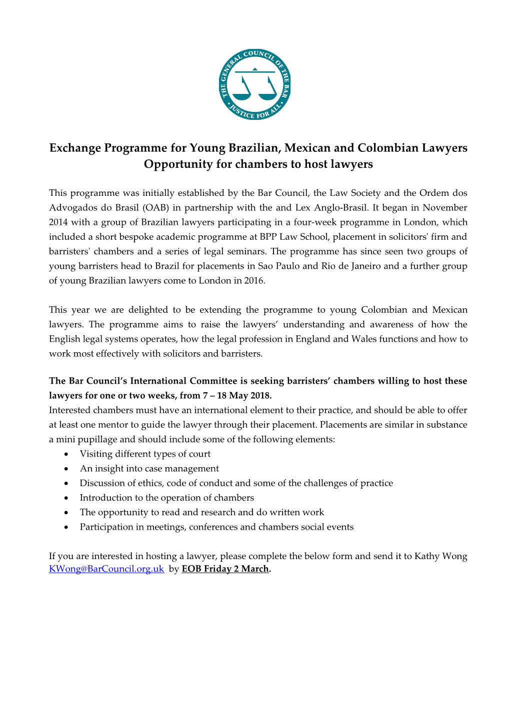 Exchange Programme for Young Brazilian, Mexican and Colombian Lawyers