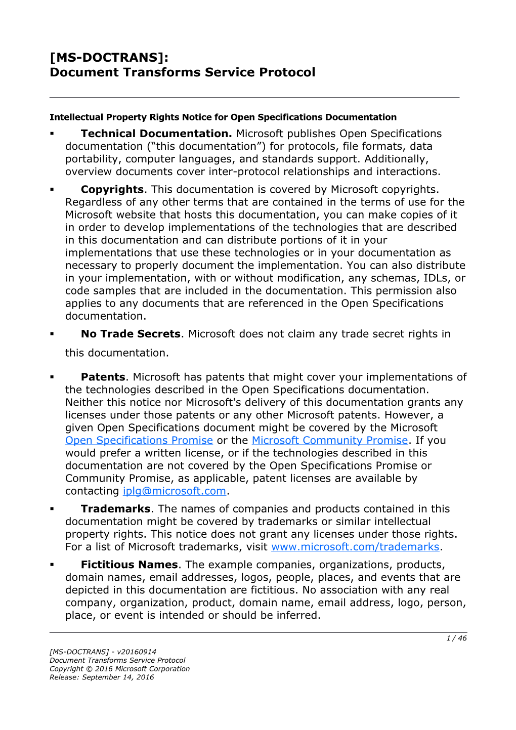 Document Transforms Service Protocol