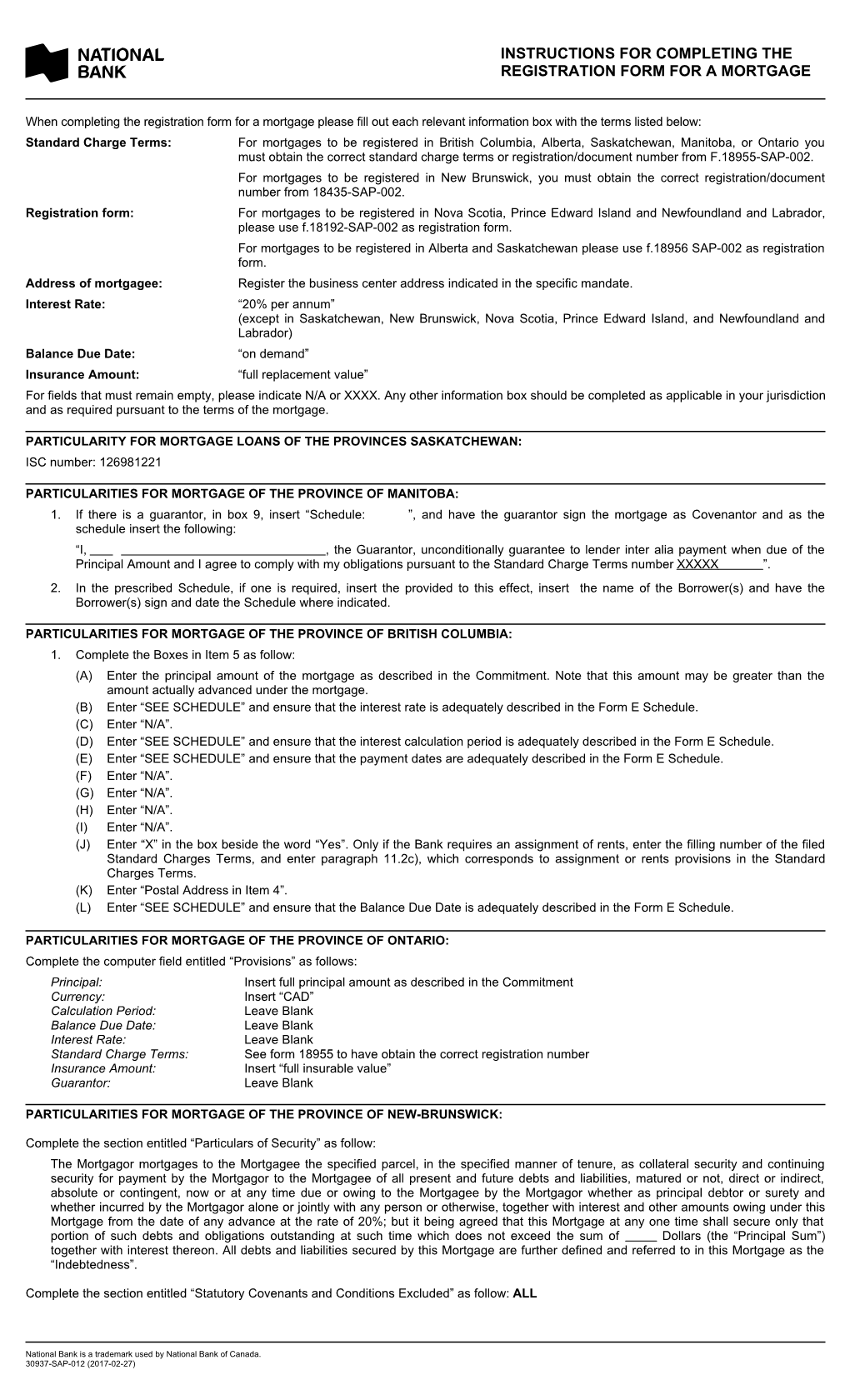 Instructions for Completing the Registration Form for a Mortgage