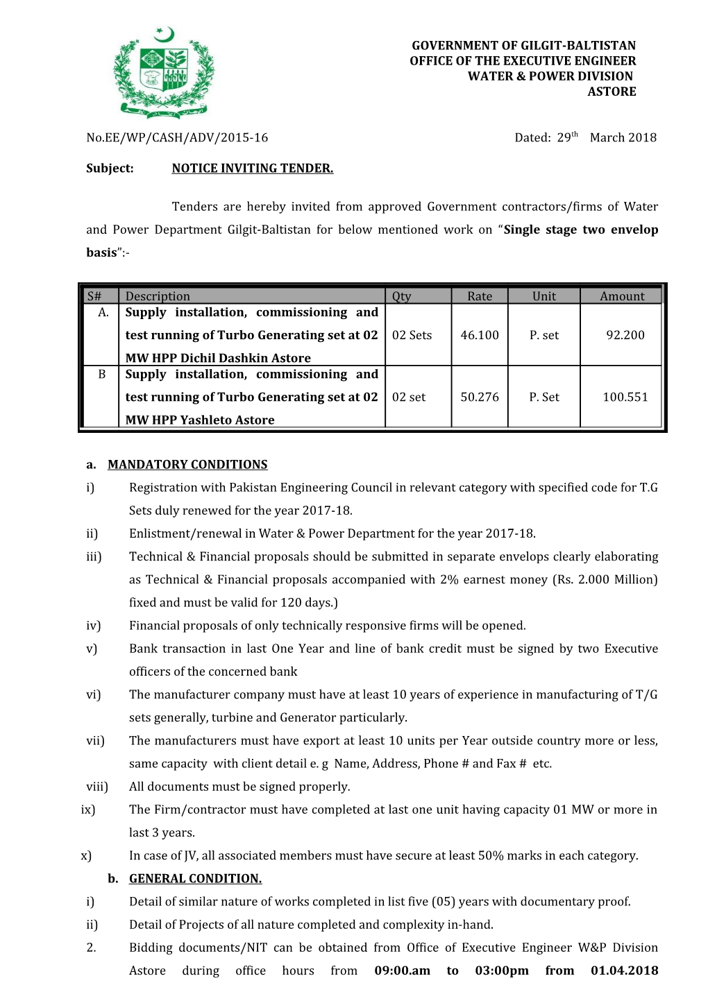 Subject:NOTICE INVITING TENDER