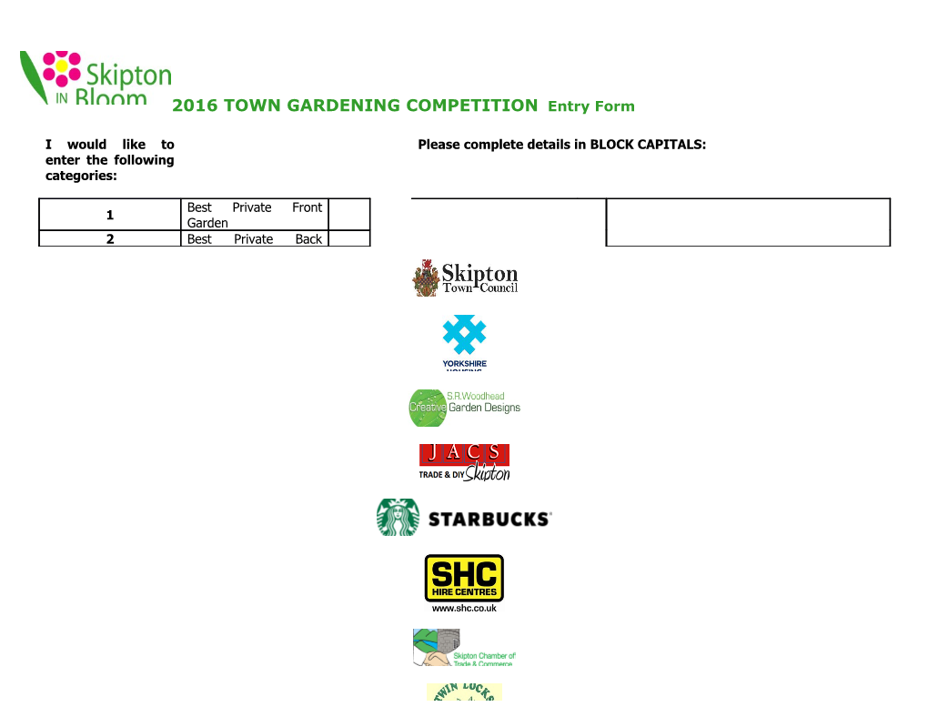 2016 TOWN GARDENING COMPETITION Entry Form