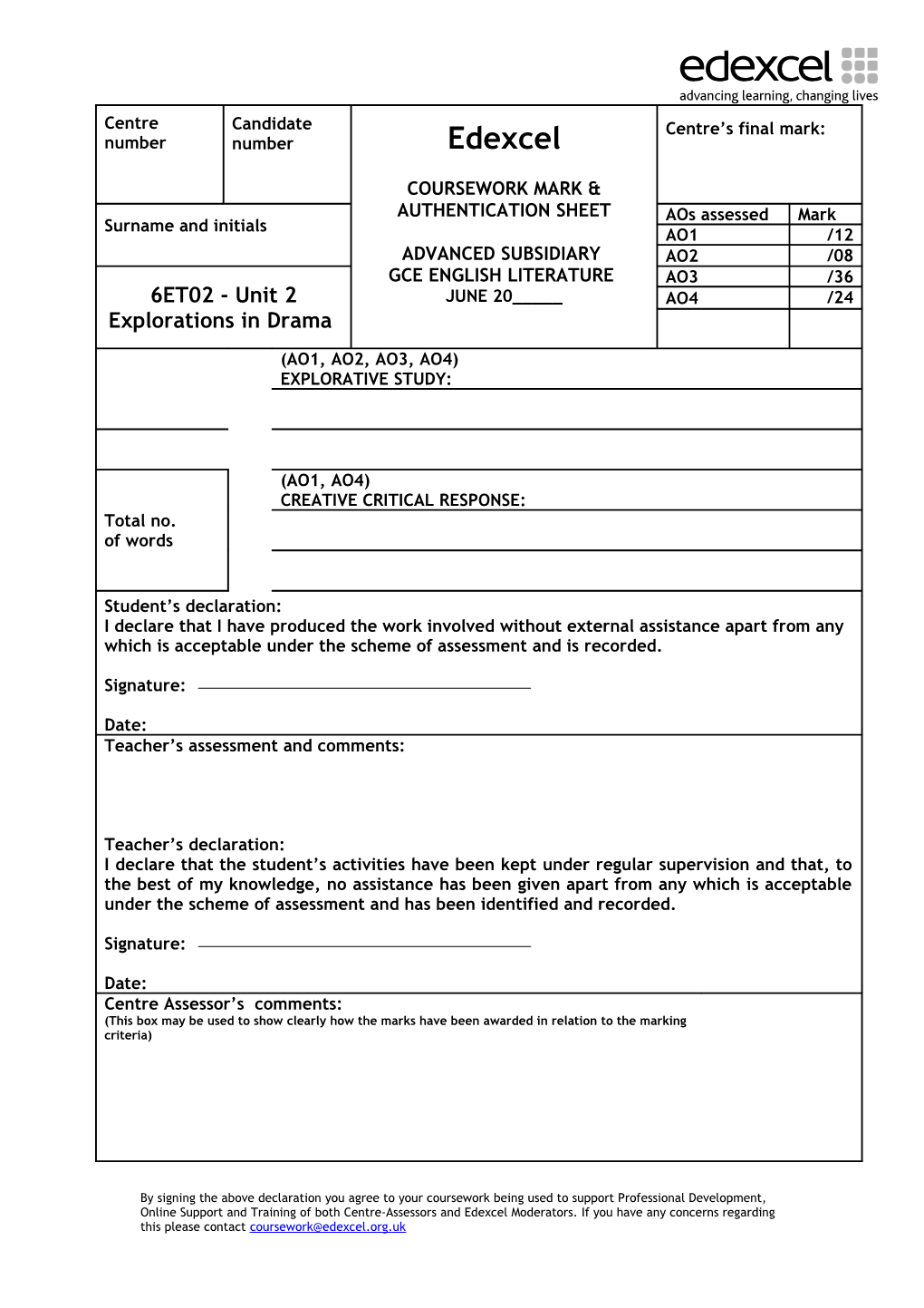 Coursework Mark and Authentication Sheet