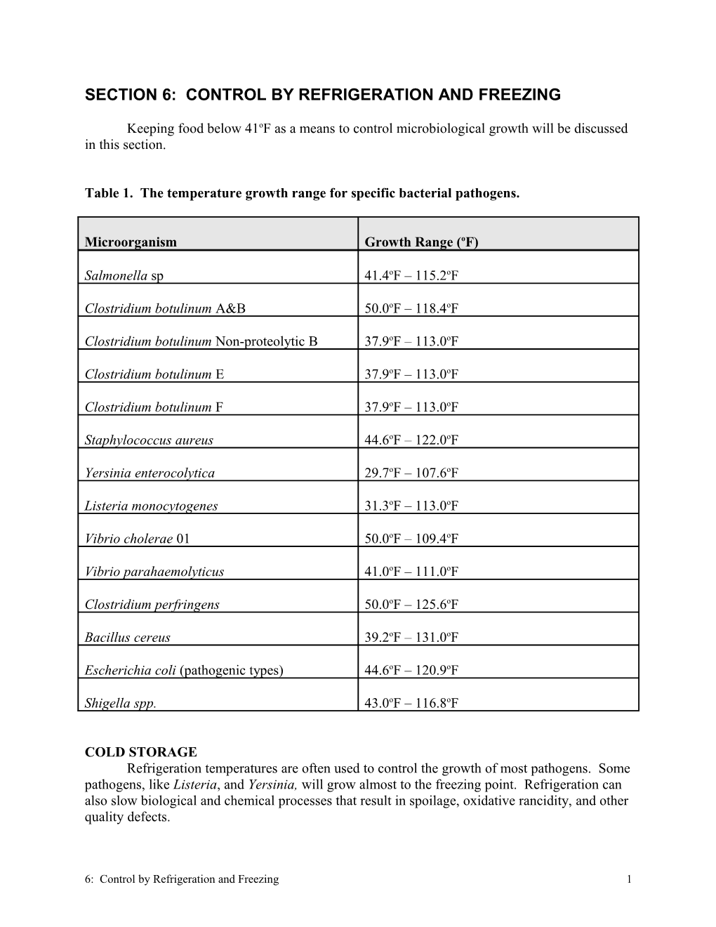 Section 6: Control by Refrigeration and Freezing