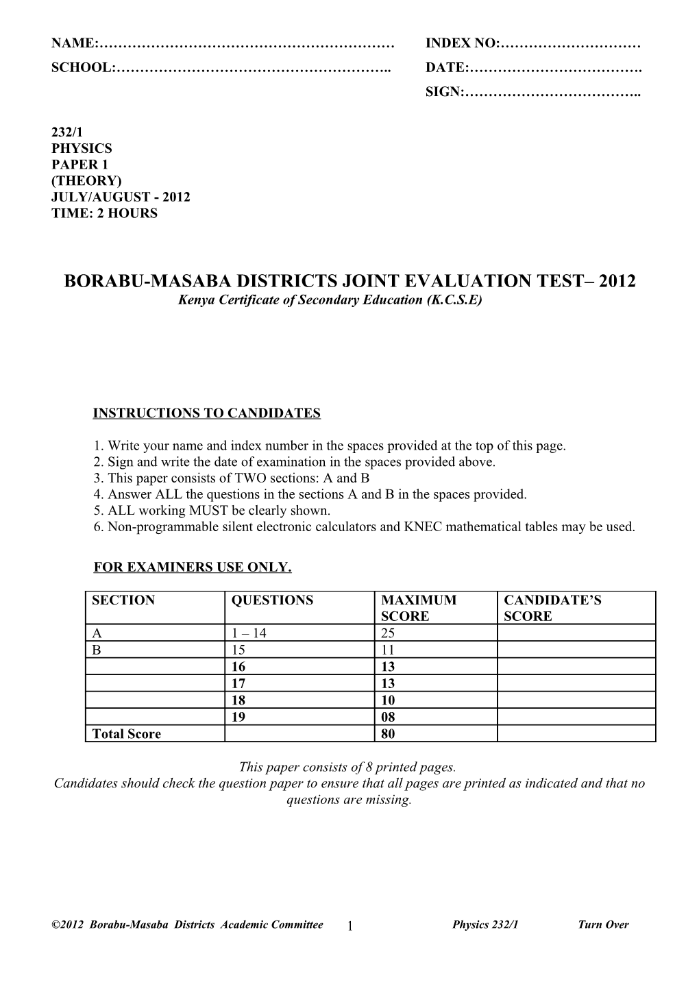 Borabu-Masaba Districts Joint Evaluation Test 2012