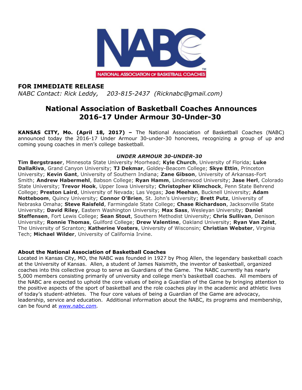 National Association of Basketball Coaches Announces