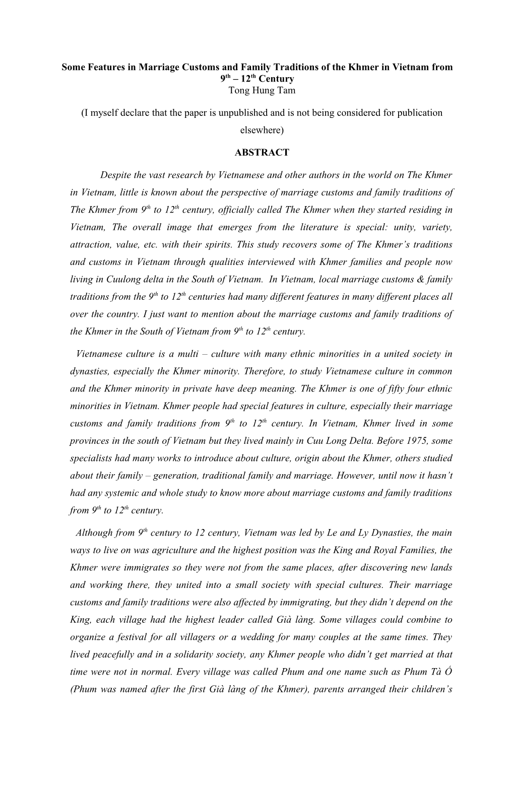 Some Features in Marriage Customs and Family Traditions of the Khmer During 9Th- 12Th Century