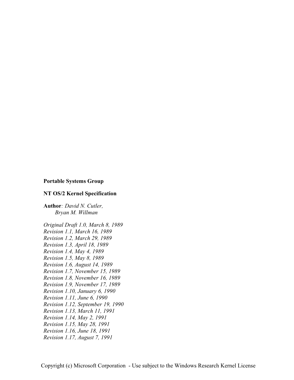 NT OS/2 Kernel Functional Specification